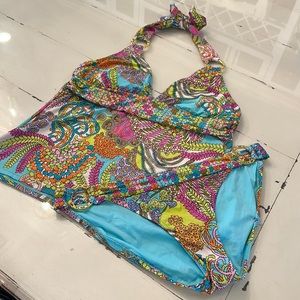 Beautiful Trina Turk bikini bathing suit with gold jeweled accents.